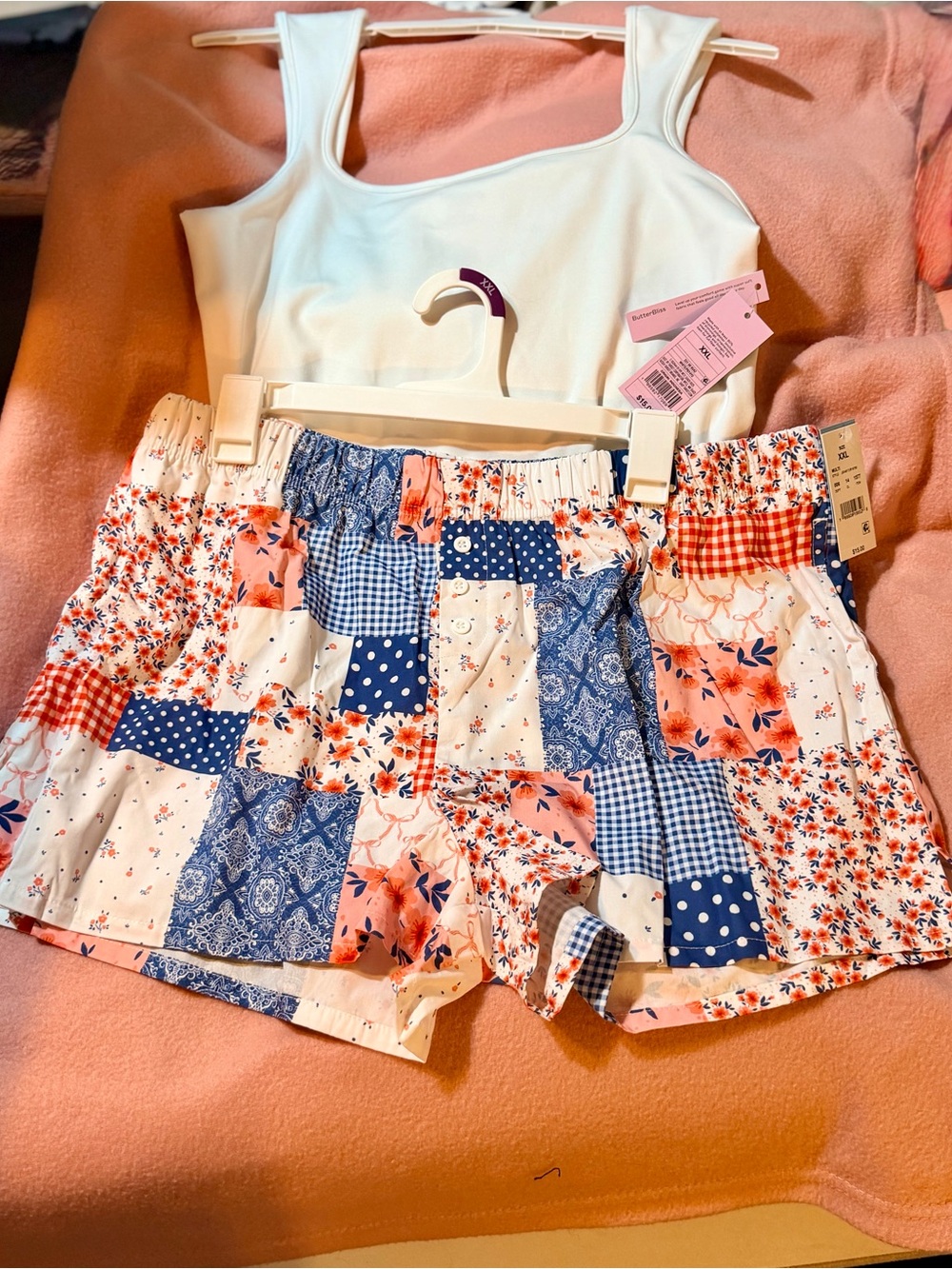 Patchwork Floral Elastic-Waist Shorts - Blue & Pink / white tank bodysuit